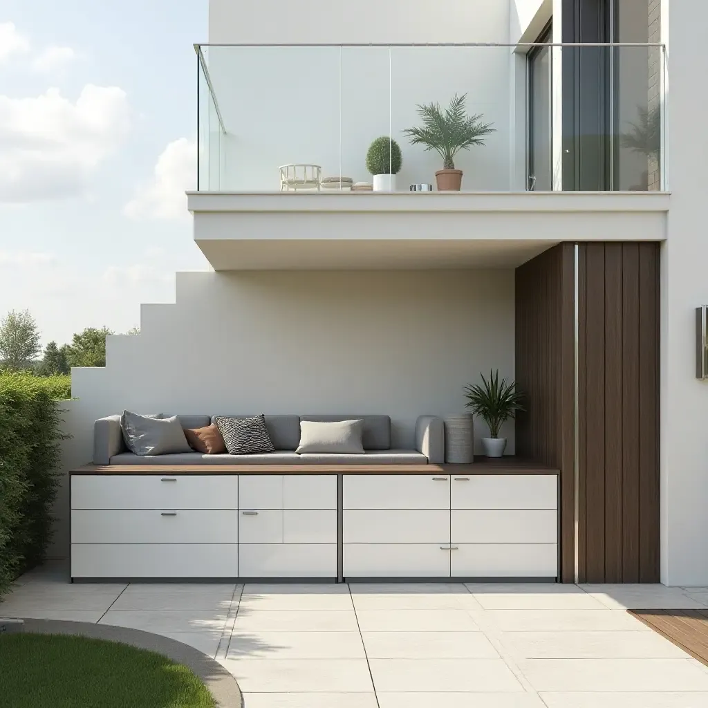 a photo of a contemporary balcony with modular storage units and a seating area