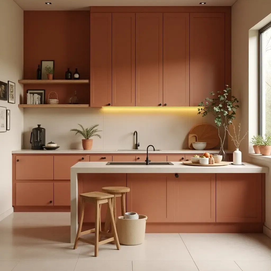 a photo of a warm terracotta and cream kitchen with natural elements