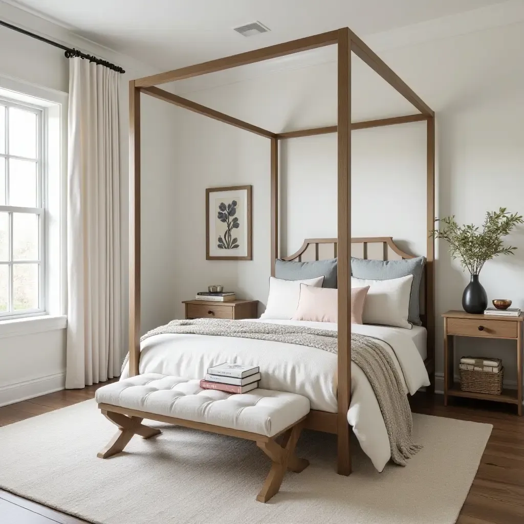 a photo of a stylish teen bedroom with a farmhouse-inspired canopy bed