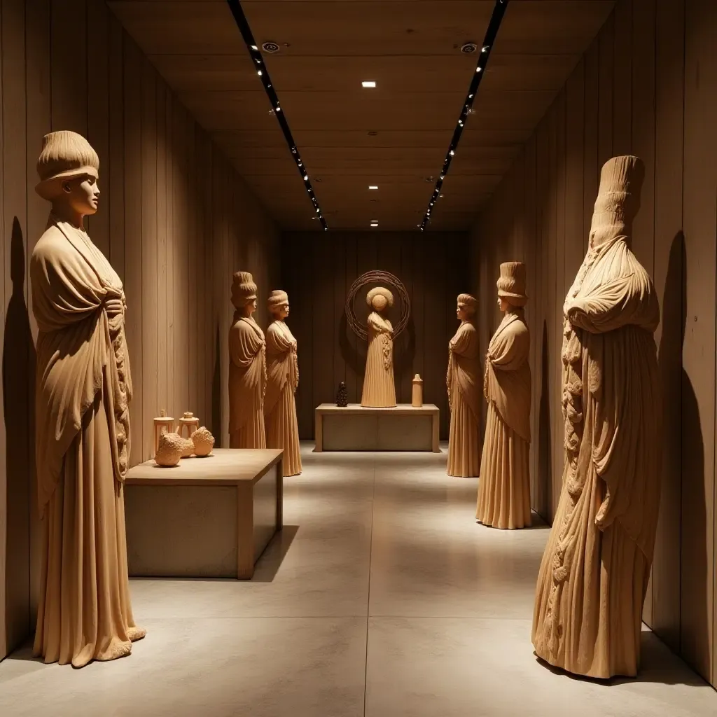 a photo of a basement featuring wooden sculptures and art