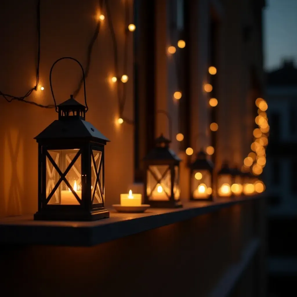 a photo of a balcony wall adorned with lanterns and candles