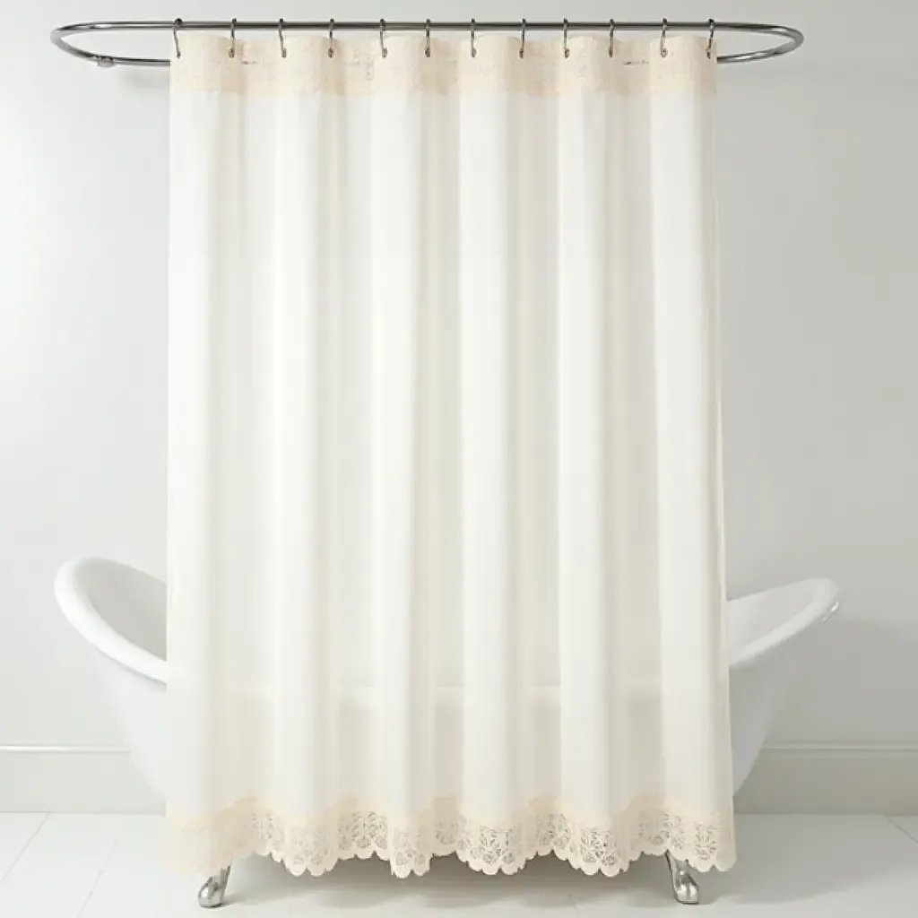 a photo of a vintage-style shower curtain with lace trim