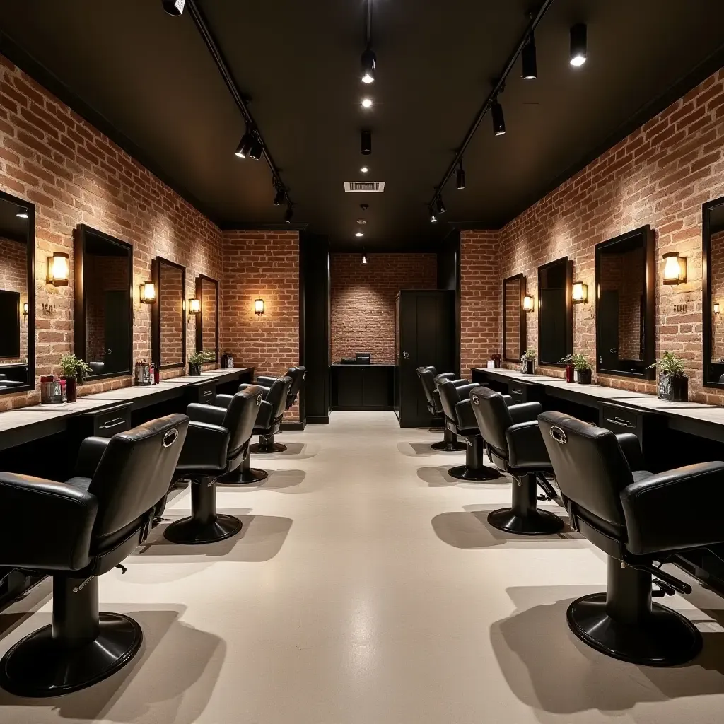 a photo of a basement barbershop with multifunctional stations and stylish decor