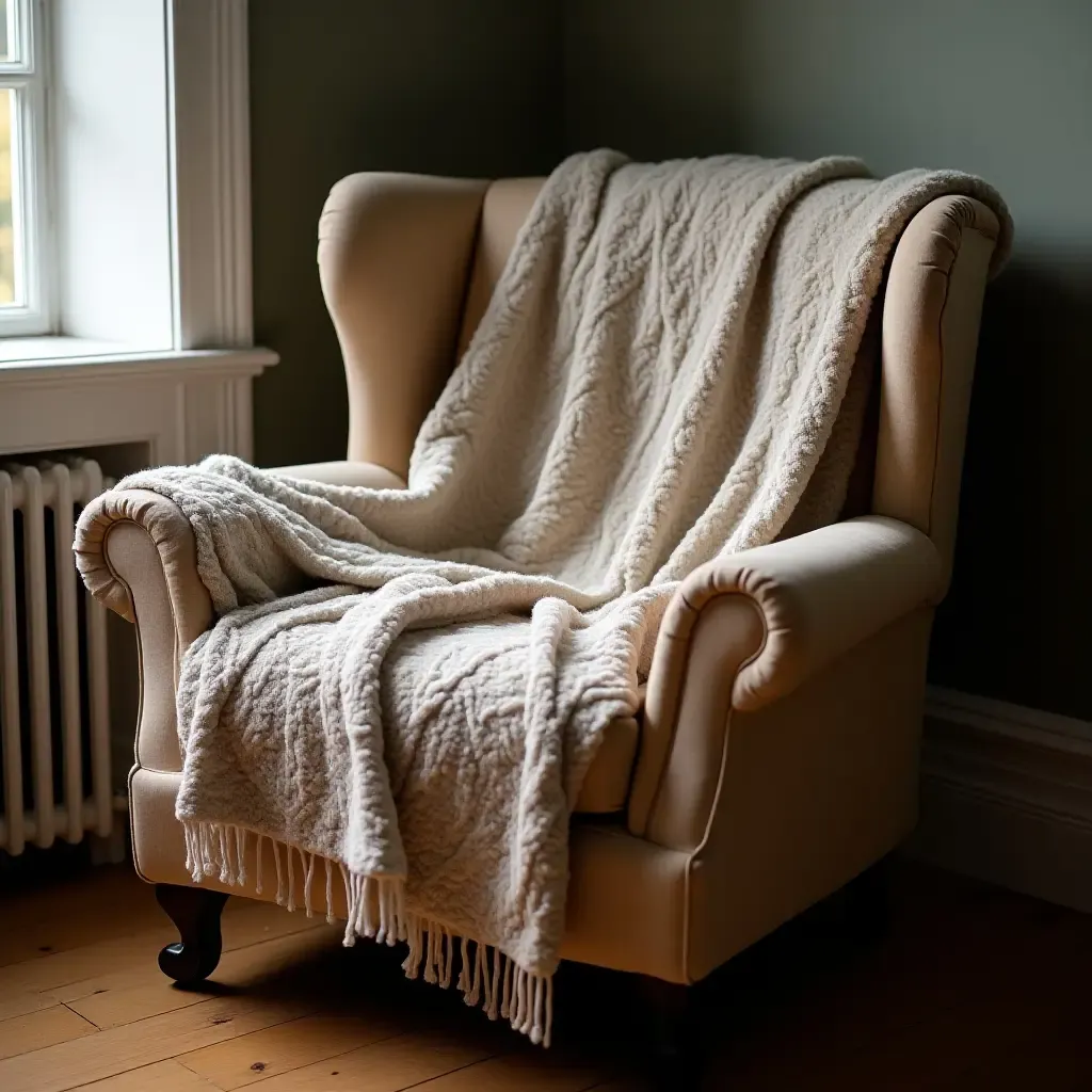 a photo of a cozy blanket draped over a vintage armchair