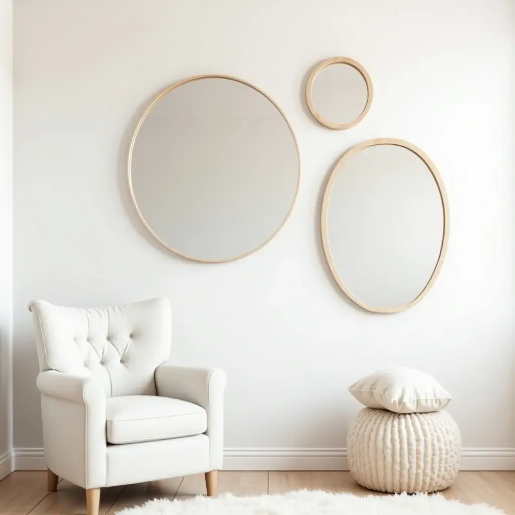 a photo of a bright nursery with decorative round mirrors