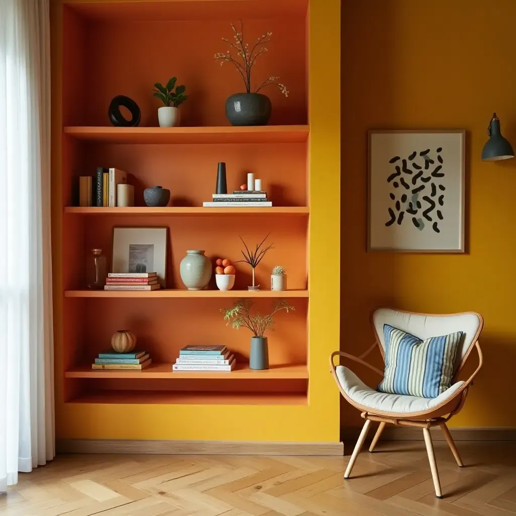 a photo of open shelves featuring a bold color palette and eclectic accessories