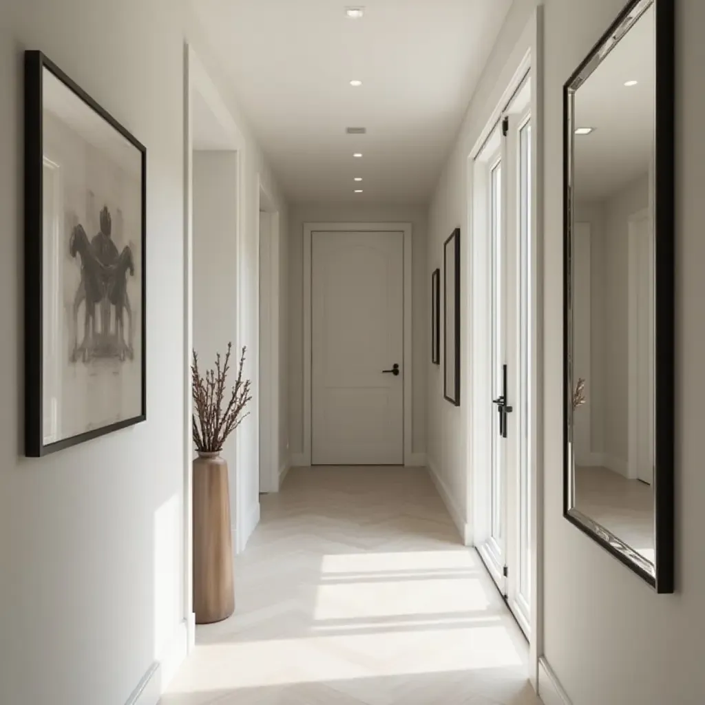 a photo of a sleek corridor with contemporary wall mirrors