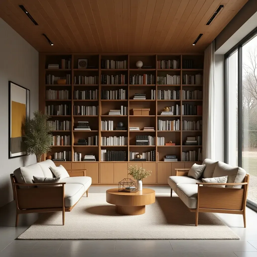 a photo of a modern library with Scandinavian furniture and light ambiance