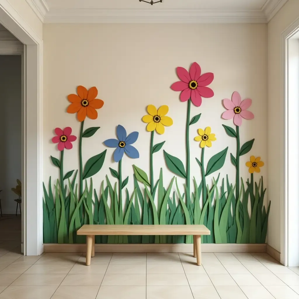 a photo of a playful garden wall with oversized flowers in a child-friendly foyer