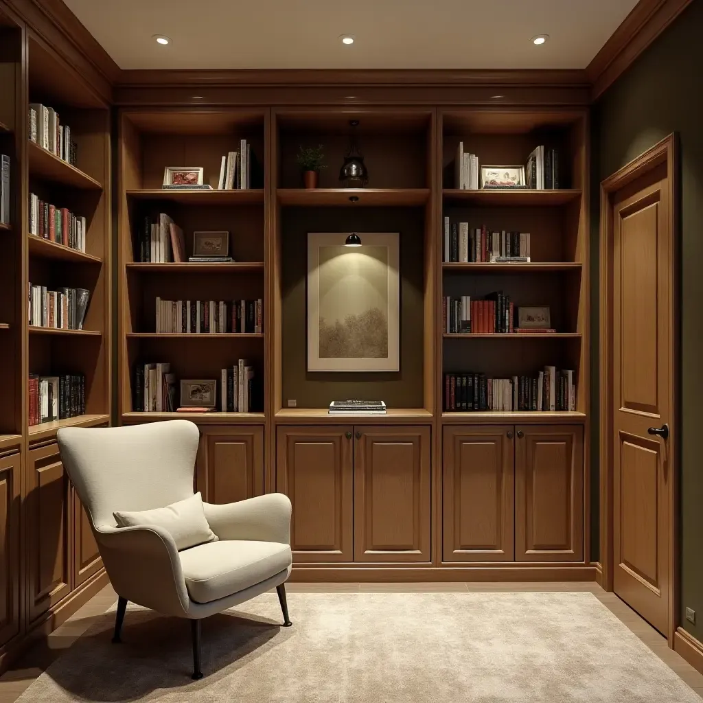 a photo of a small basement library with built-in shelves