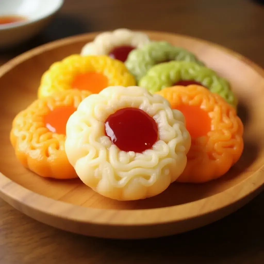 a photo of colorful Japanese dorayaki pancakes with sweet red bean filling, on a wooden plate.