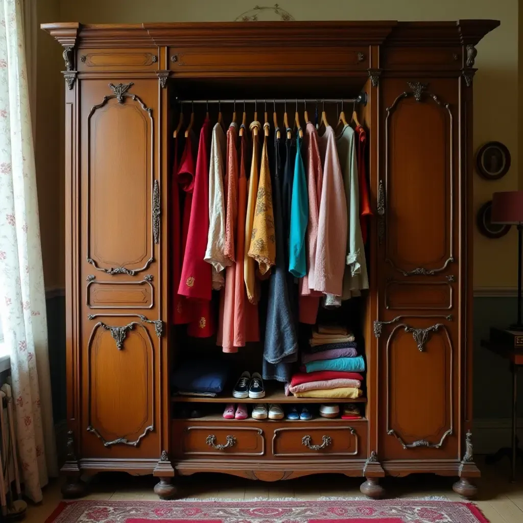 a photo of an antique wardrobe filled with colorful clothes