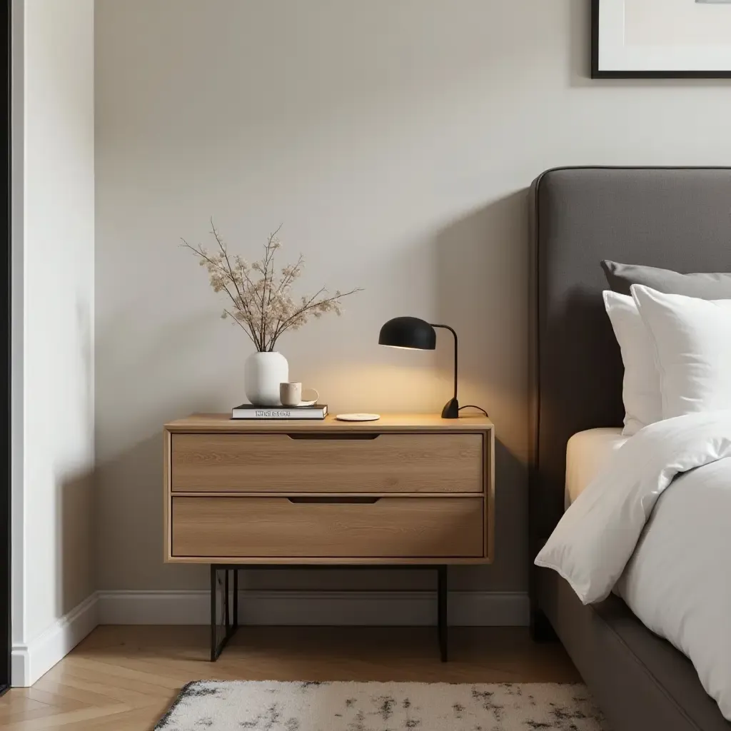 a photo of a chic room with a stylish nightstand storage