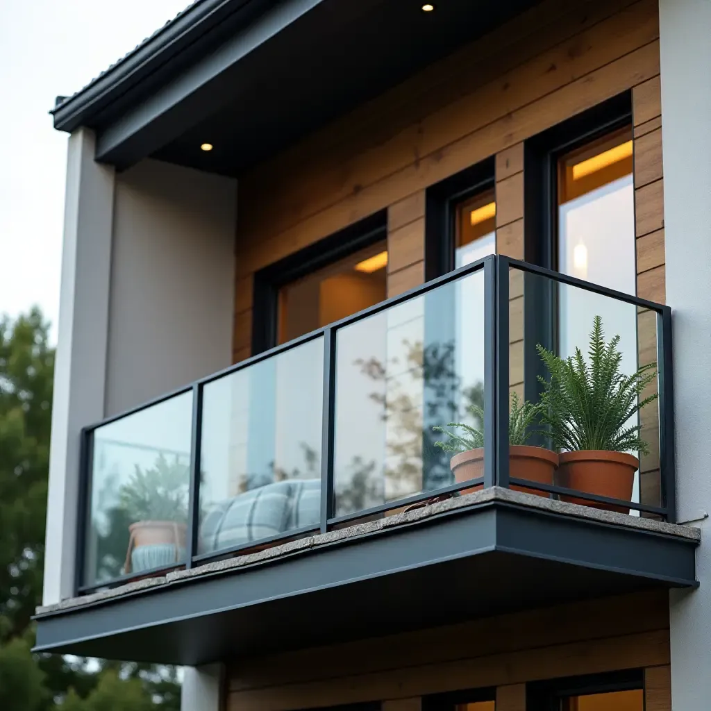 a photo of a balcony showcasing a combination of metal and glass decor