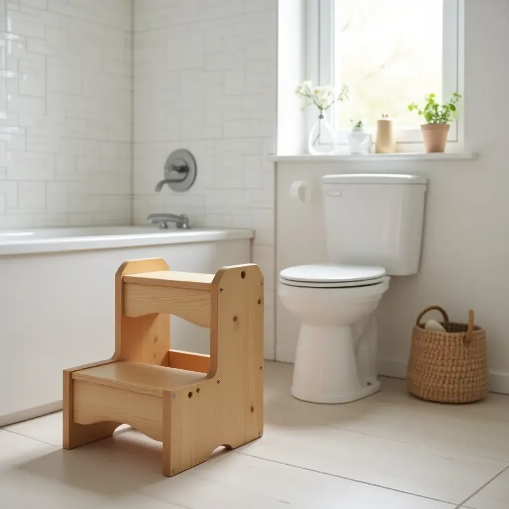 a photo of a wooden step stool for kids in a family bathroom