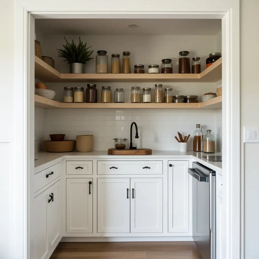 a photo of a basement pantry designed with farmhouse-style shelving and jars