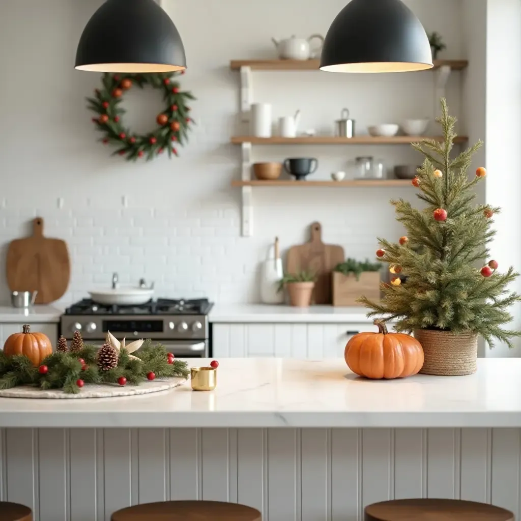 a photo of a countertop adorned with seasonal decor for a festive kitchen vibe