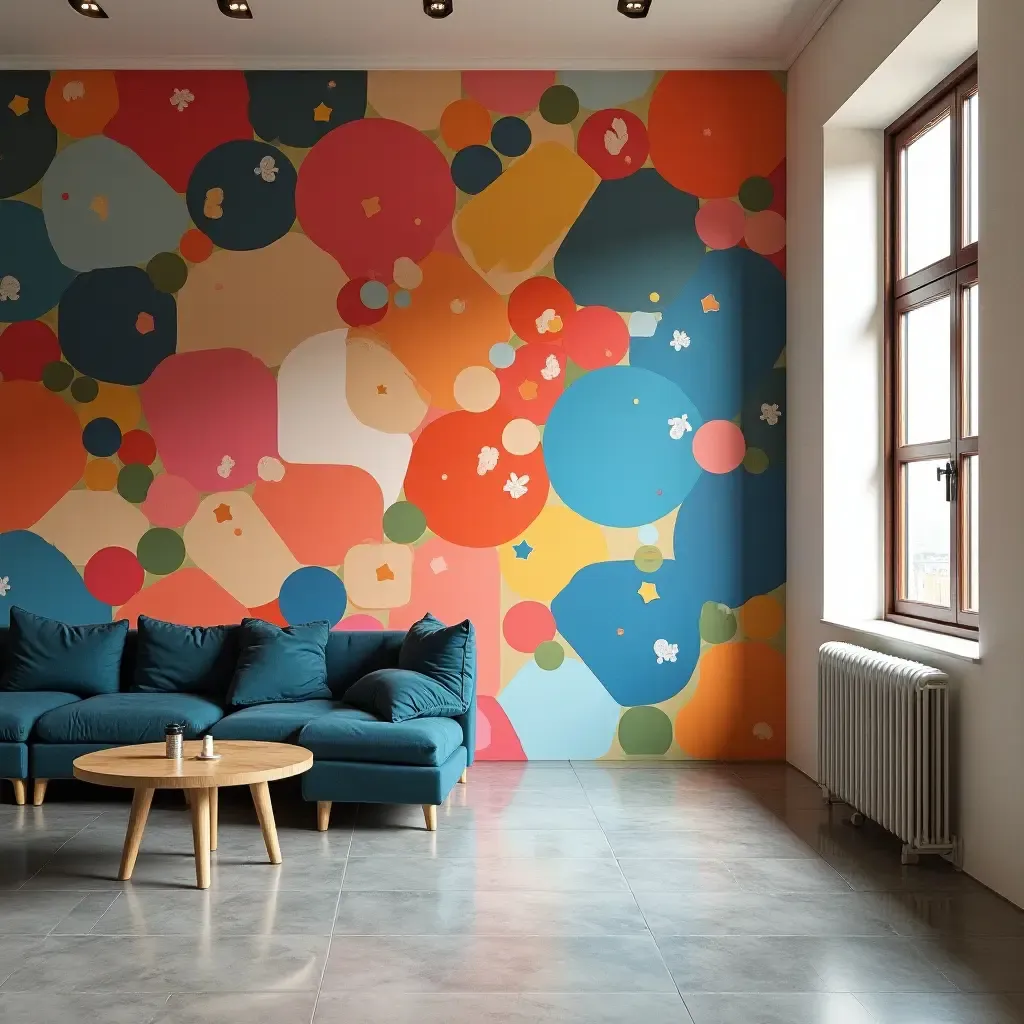 a photo of a wall featuring a large, colorful abstract mural