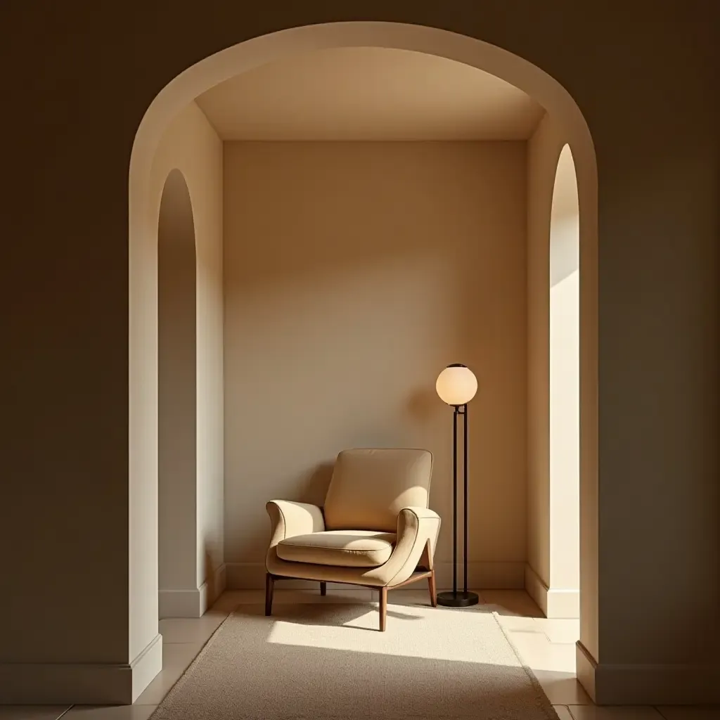 a photo of a well-lit corridor featuring a cozy armchair and lamp