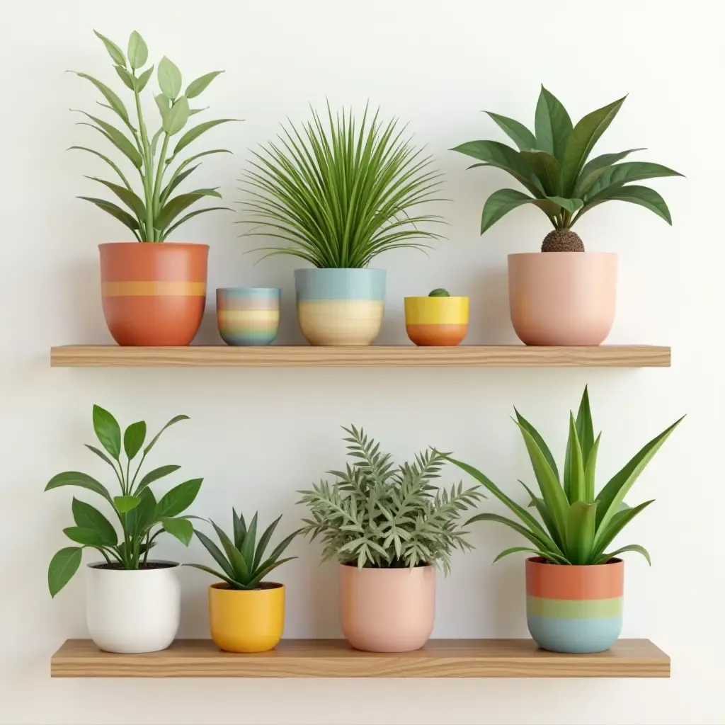 a photo of a wall shelf displaying a variety of colorful planters