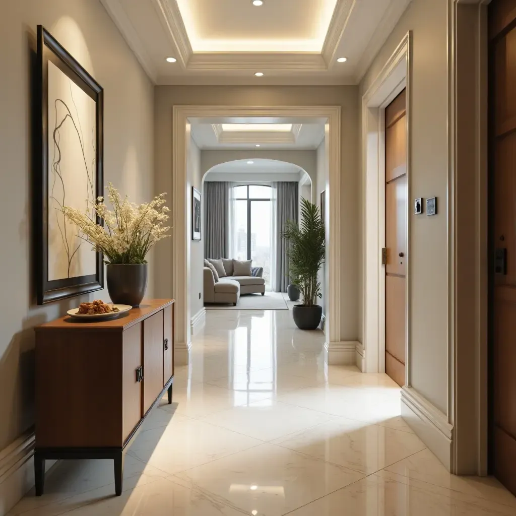 a photo of a well-lit hallway with a blend of traditional and modern decor