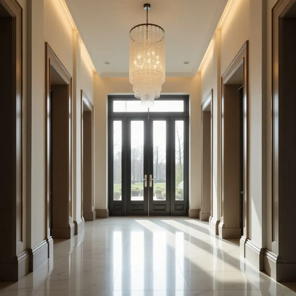 a photo of an elegant entrance hall featuring crystal pendant lighting