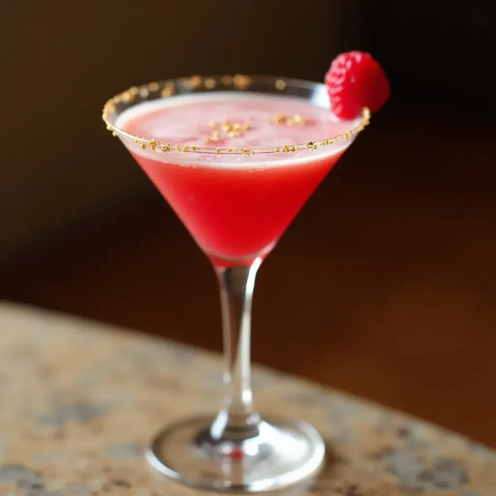 a photo of a French Martini with vodka, pineapple juice, and Chambord, garnished with a raspberry.