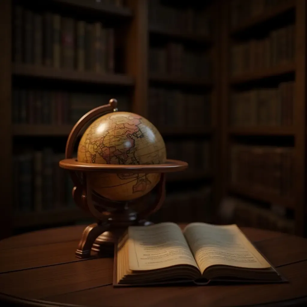 a photo of a library with a wooden globe and antique books