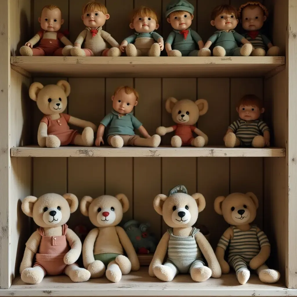 a photo of antique toys displayed on a nursery shelf