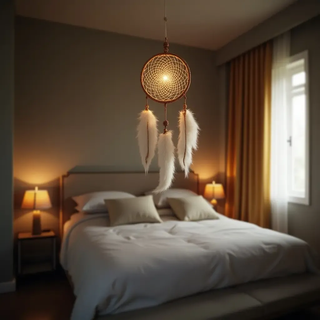 a photo of a dreamcatcher hanging above the bed in soft lighting