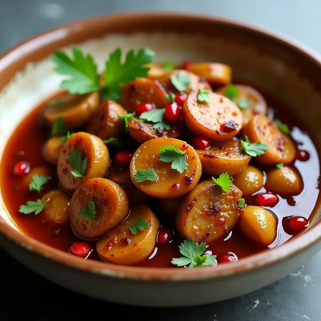 a photo of stir-fry using tahini and pomegranate molasses, Middle Eastern flair, glossy sauce, ceramic dish