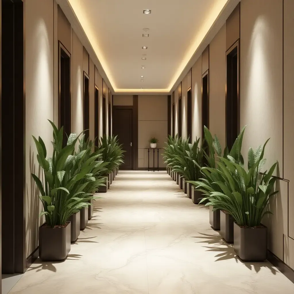 a photo of a contemporary corridor with geometric plant displays