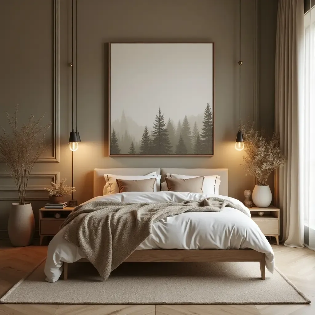 a photo of a calming bedroom with earthy tones and forest-inspired decor