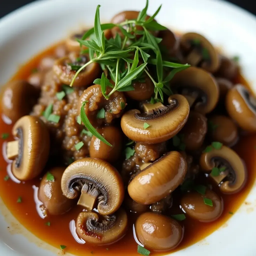 a photo of a savory mushroom bourguignon with fresh herbs.