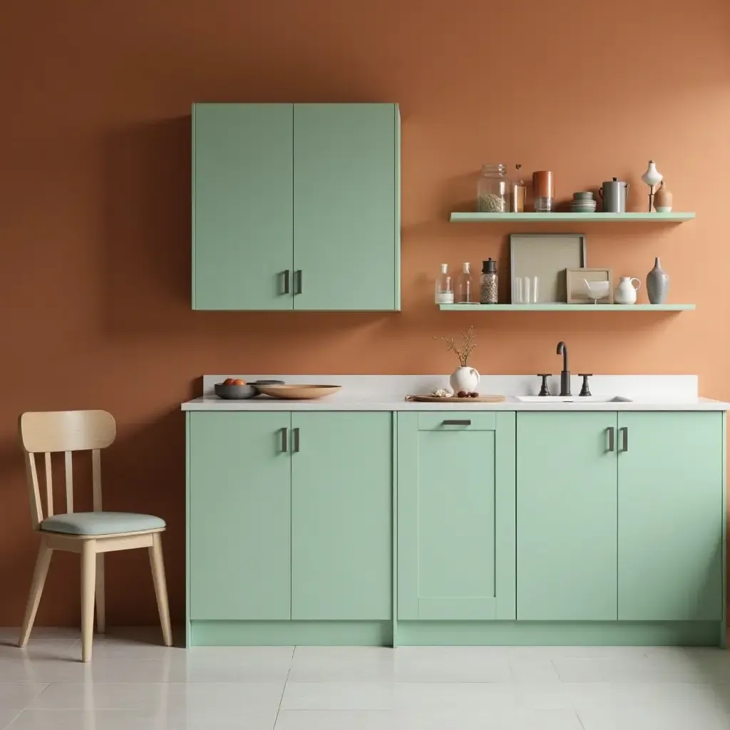 a photo of warm cinnamon and cool mint green cabinets