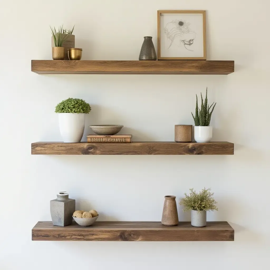 a photo of a wall of reclaimed wood shelves with decor accents