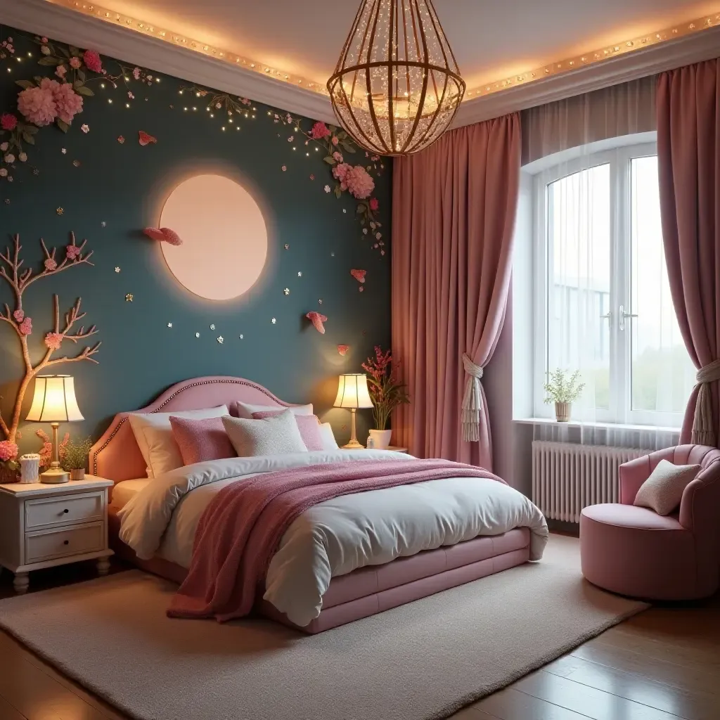 a photo of a fantasy-themed bedroom with magical elements for children