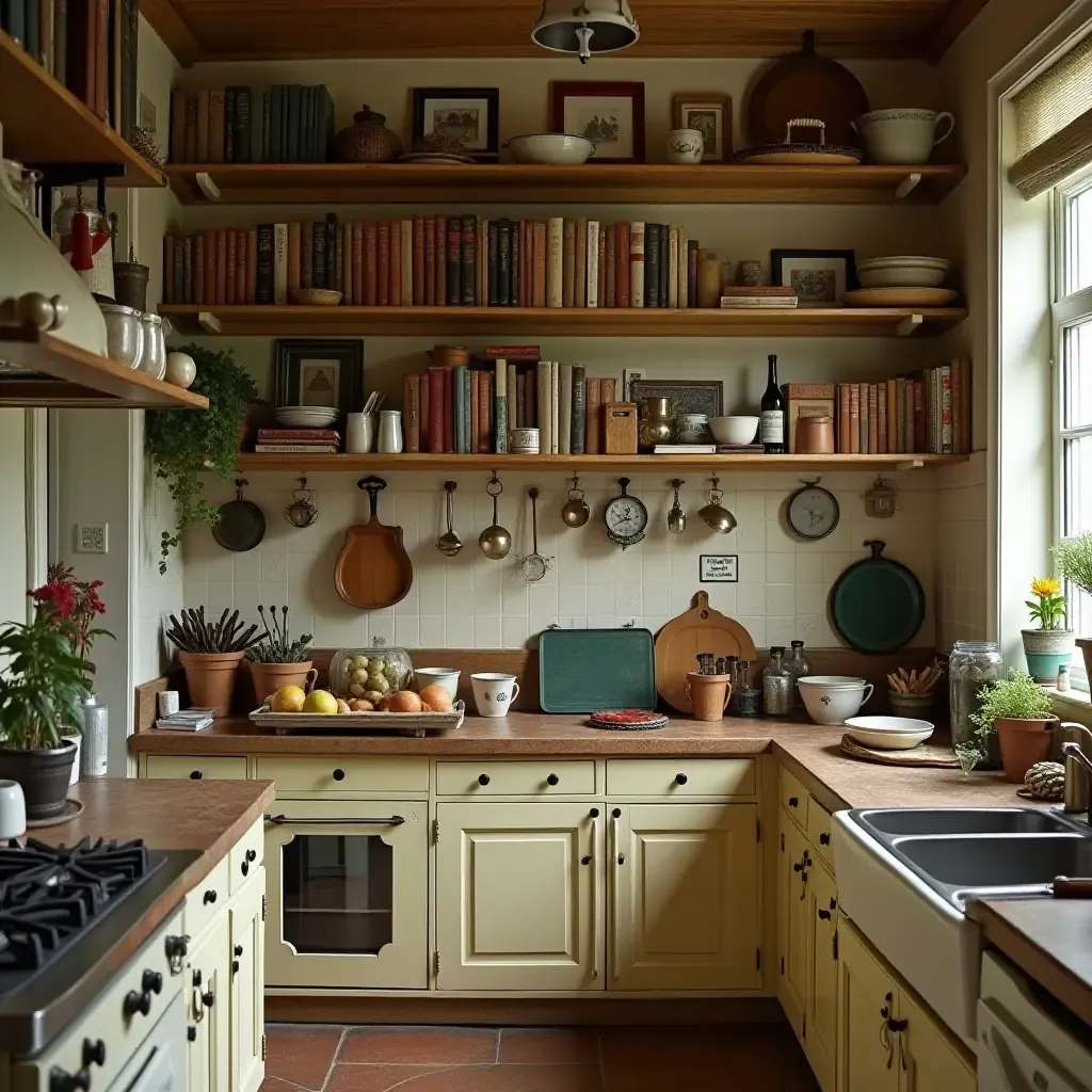 a photo of a nostalgic kitchen with a collection of vintage cookbooks on display