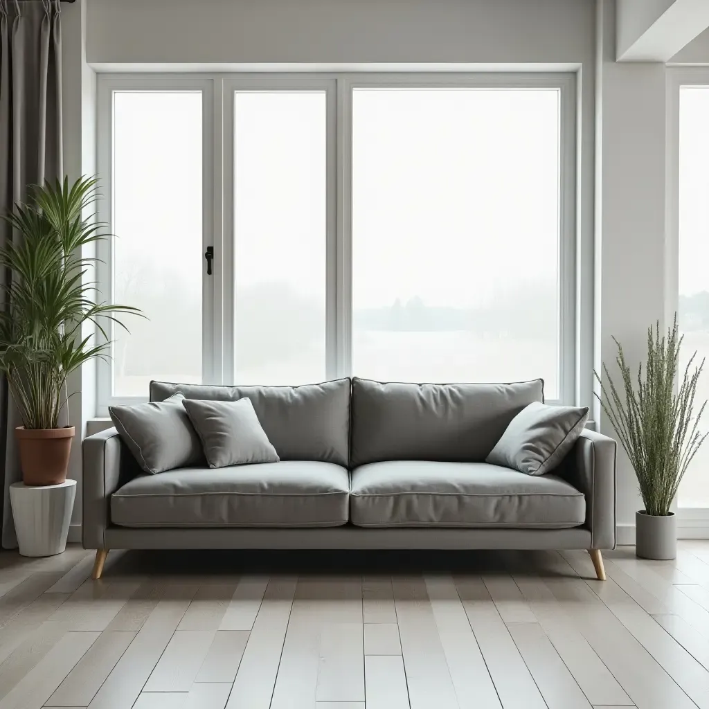 a photo of a grey sofa in a contemporary space with large windows and natural light