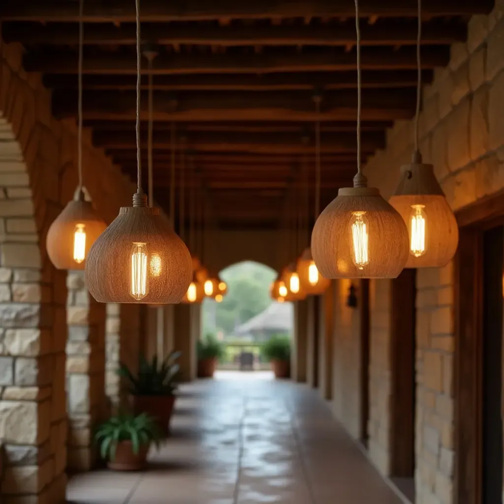 a photo of a rustic corridor adorned with wooden pendant lights