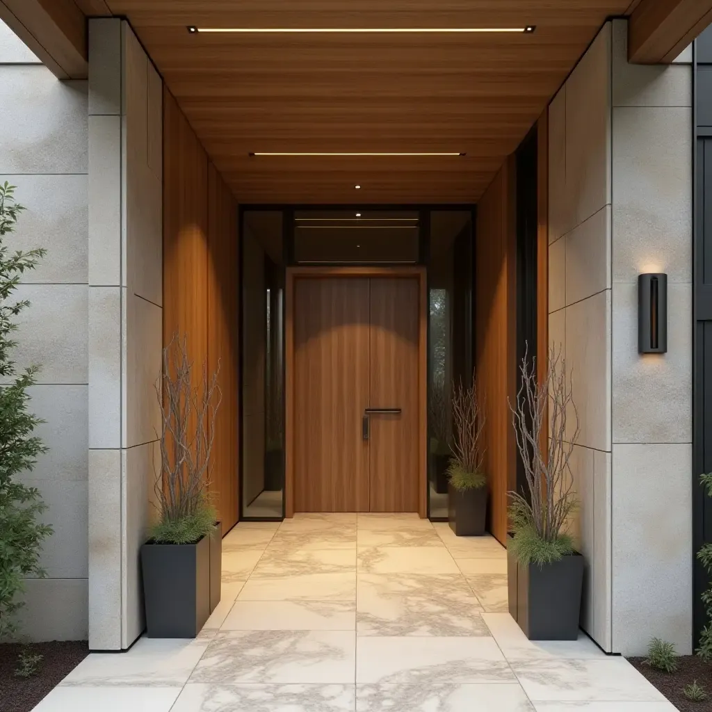 a photo of an entrance hall with a blend of wood, stone, and metal accents