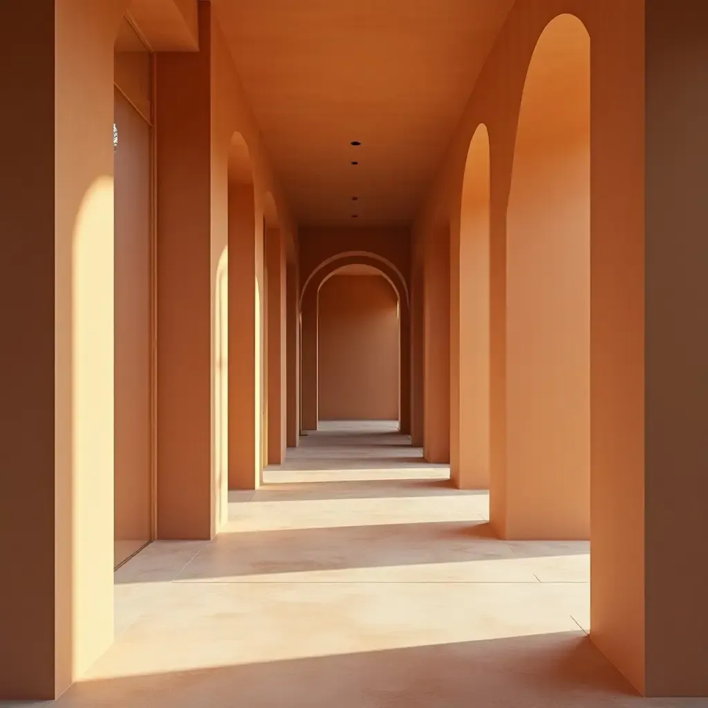 a photo of a minimalist corridor with geometric patterns and warm tones