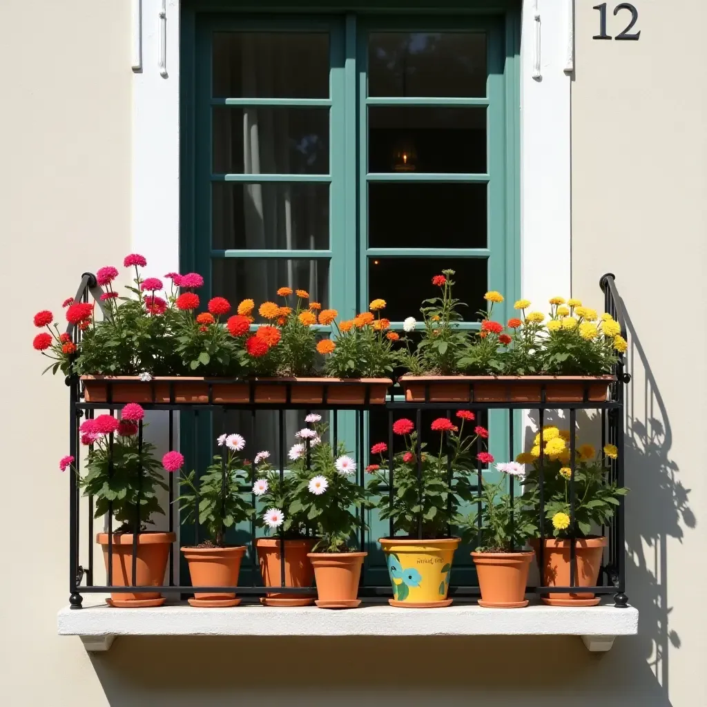 a photo of a balcony featuring painted flower pots and hanging baskets