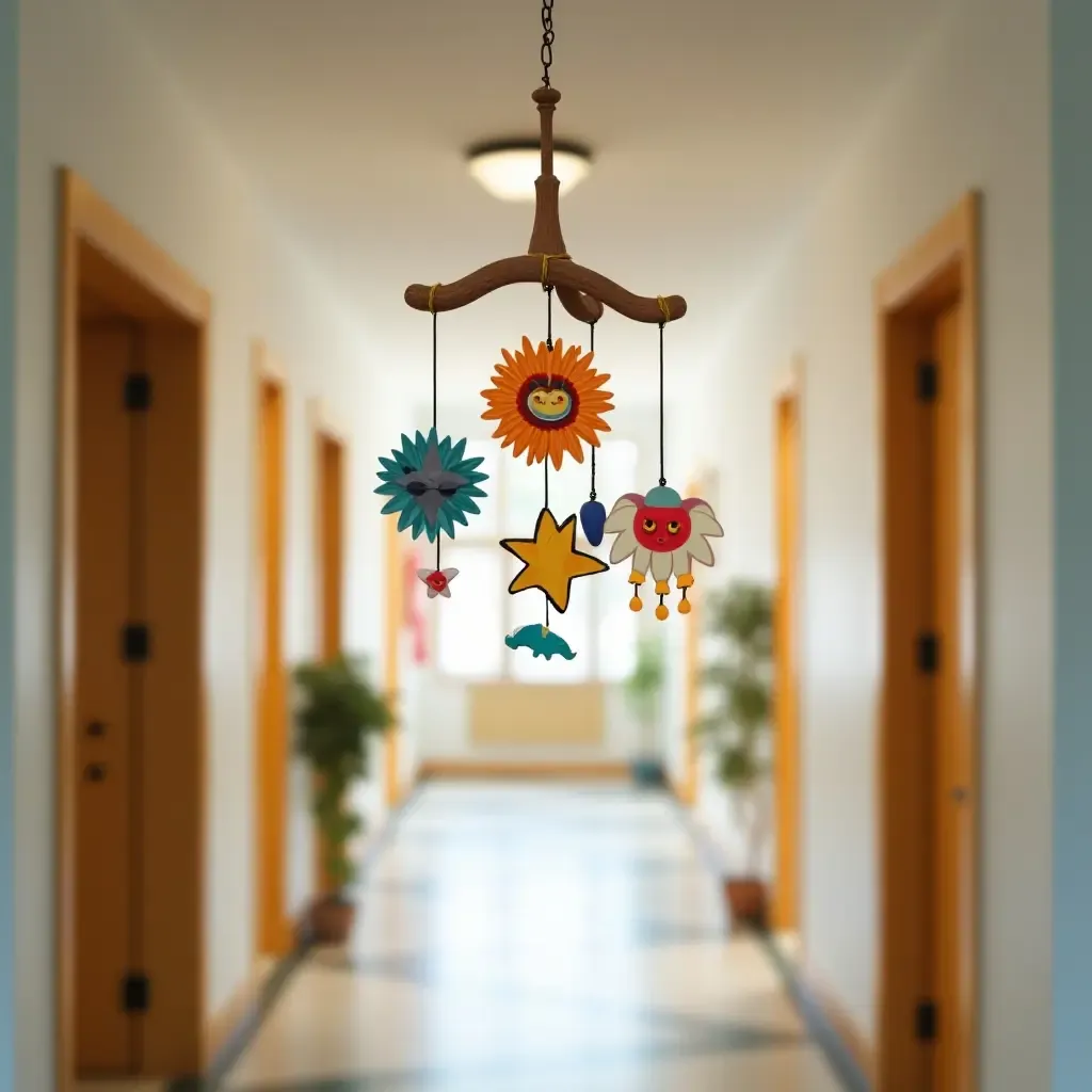 a photo of a colorful, whimsical hanging mobile in a corridor