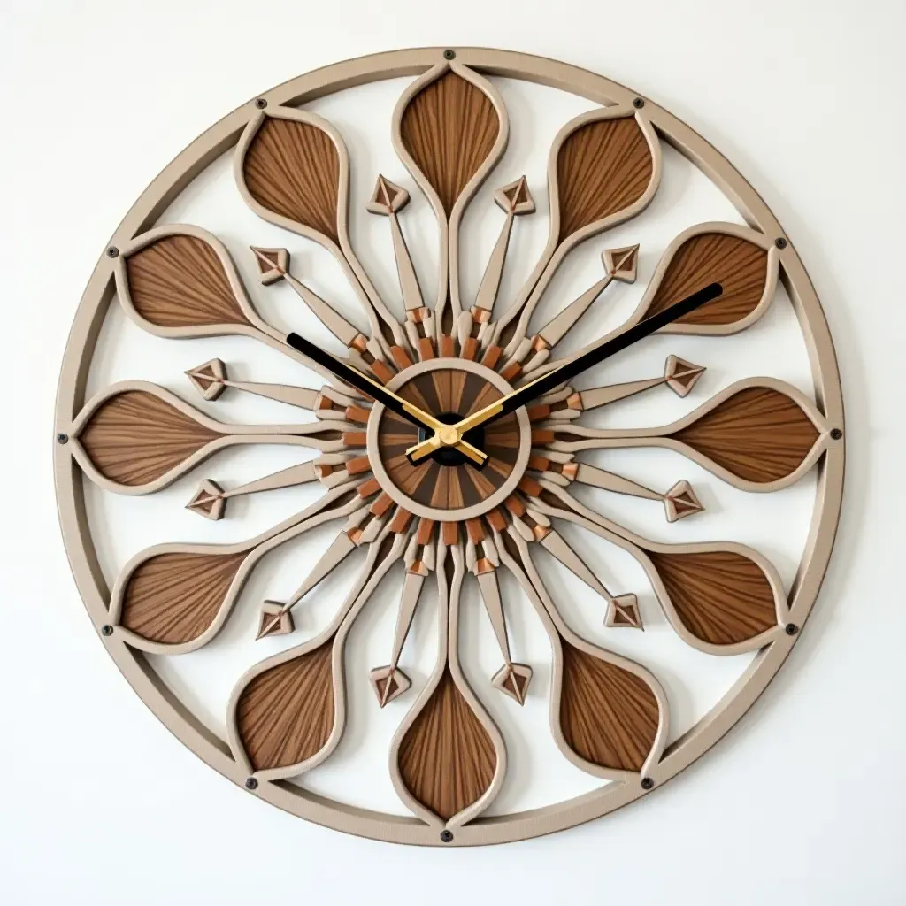 a photo of a modern wall clock featuring bohemian design elements