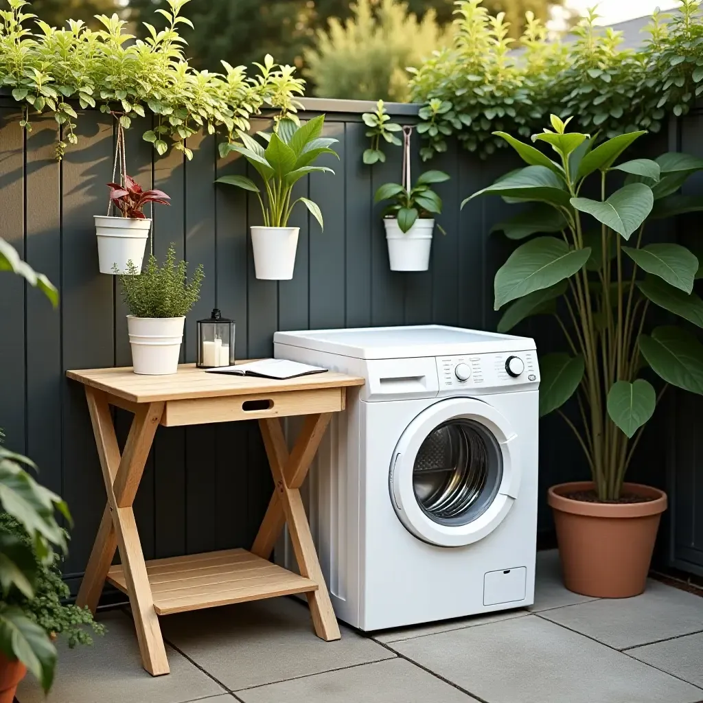 a photo of a compact outdoor laundry setup with a foldable table and hanging plants