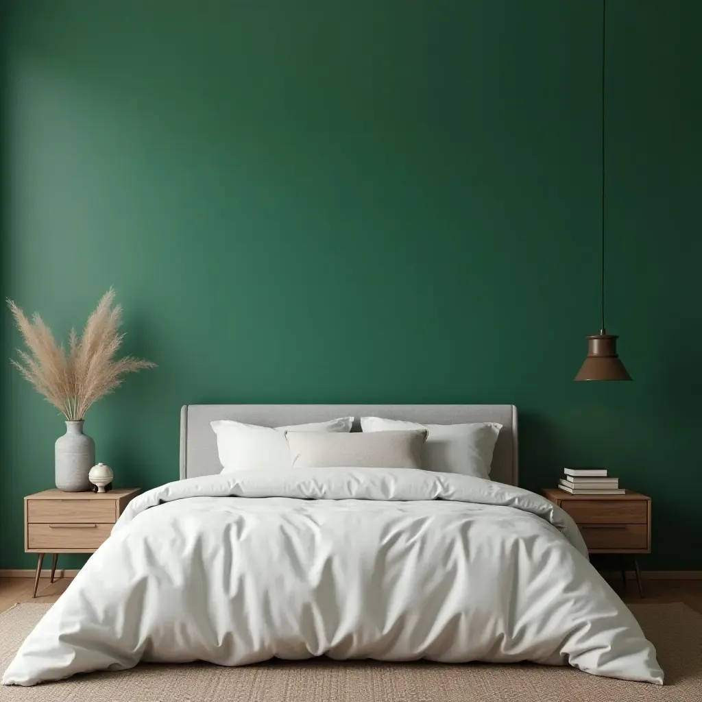 a photo of a minimalist bedroom featuring a statement wall with deep green paint