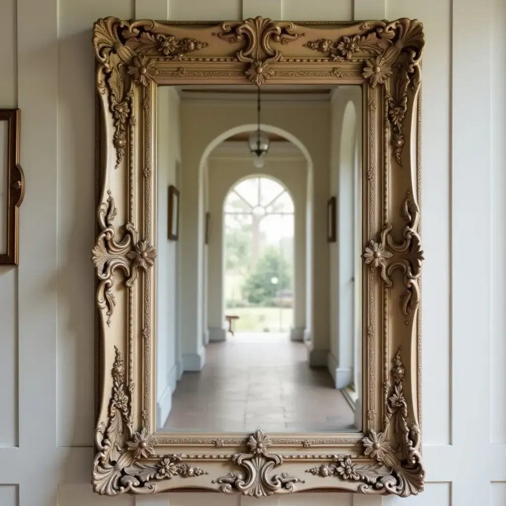 a photo of an antique mirror with intricate detailing in a welcoming hallway