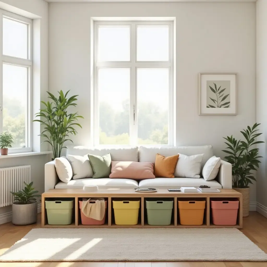 a photo of a bright living room with colorful storage bins