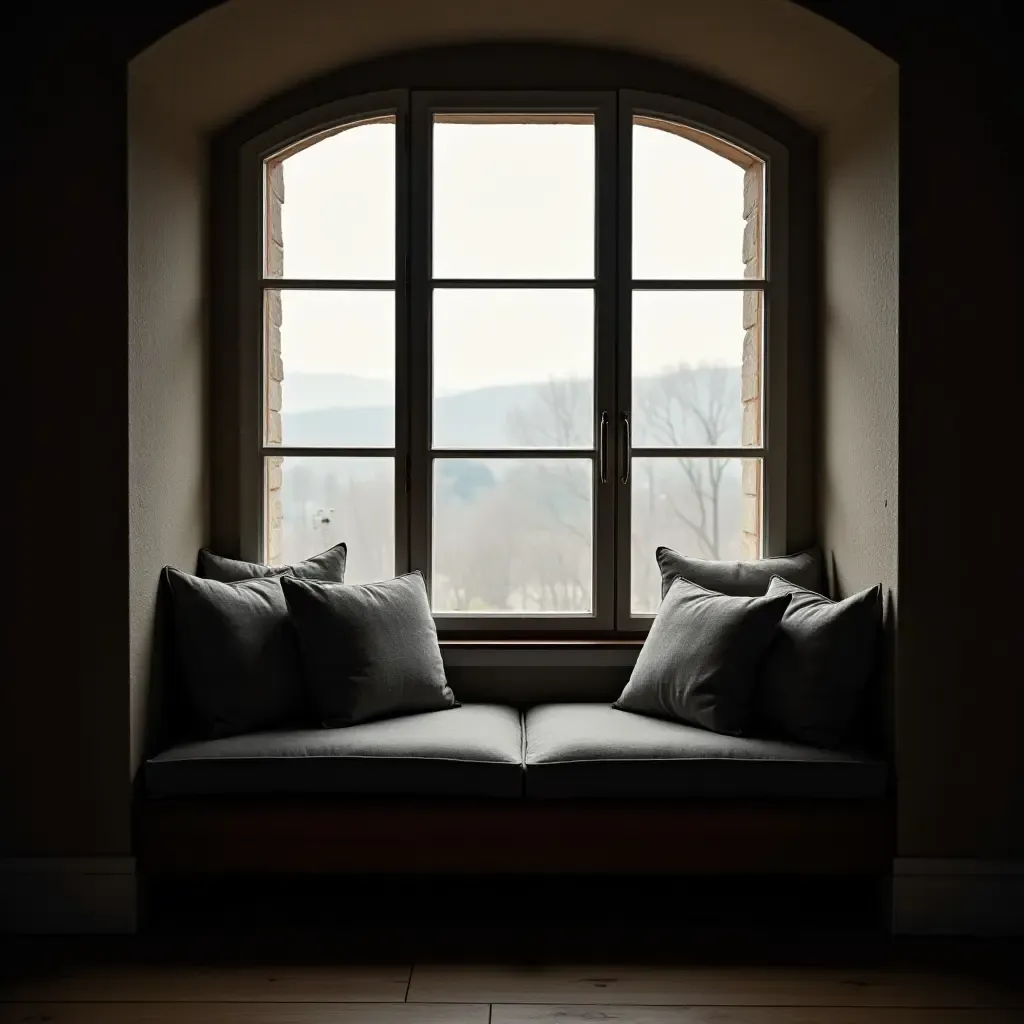 a photo of a cozy window seat with dark cushions and soft lighting